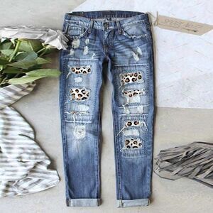 NEW! Broken Casual Straight Leg Jeans Patched Ripped Buffalo Plaid Distressed